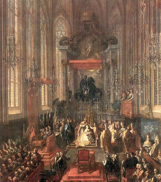 Maria Theresa crowned Queen of Hungary at St Martins Cathedral, Pressburg, June 25th, 1741, by an Unkown Artist, Location TBD.